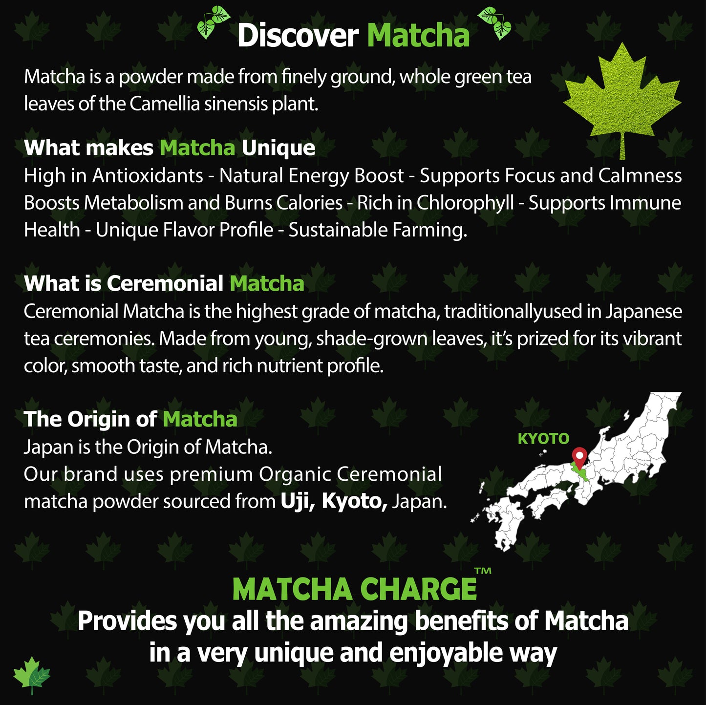 Discover Matcha Charge using premium matcha sourced from Uji, Kyoto Japan for authentic flavor and quality