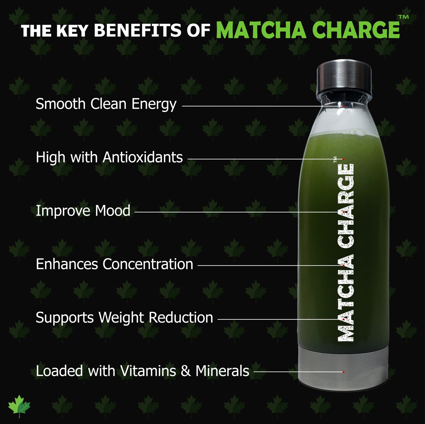 Matcha Charge benefits include smooth energy, high antioxidants, mood improvement, enhanced concentration, weight support, and essential vitamins and minerals