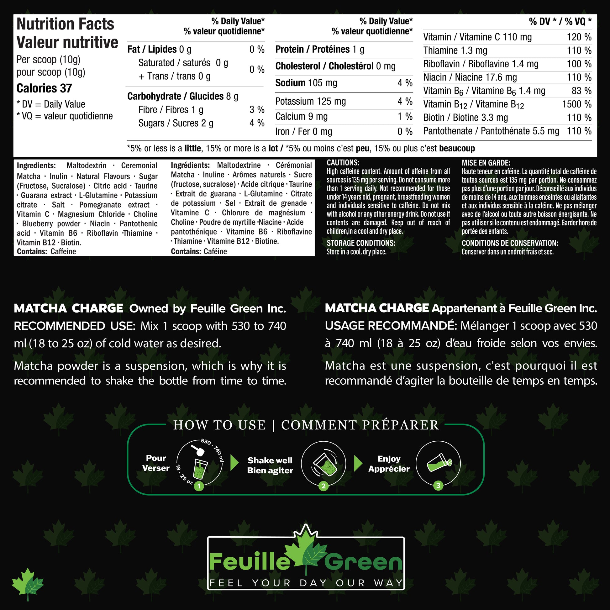 Matcha Charge nutrition label showing ingredients, preparation instructions, and product ownership information