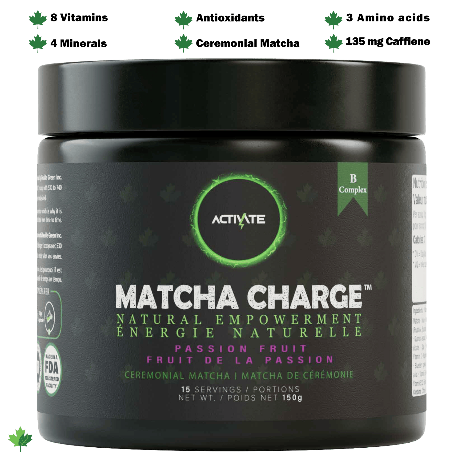 Matcha Charge jar highlighting vitamins, minerals, antioxidants, ceremonial matcha, amino acids, and natural caffeine for sustained energy and wellness