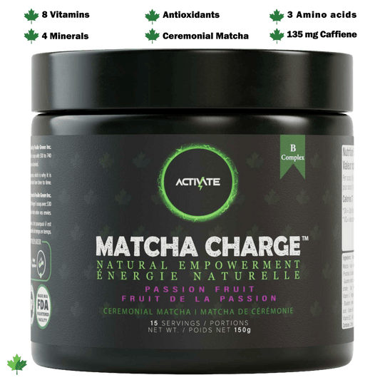 Matcha Charge jar highlighting vitamins, minerals, antioxidants, ceremonial matcha, amino acids, and natural caffeine for sustained energy and wellness
